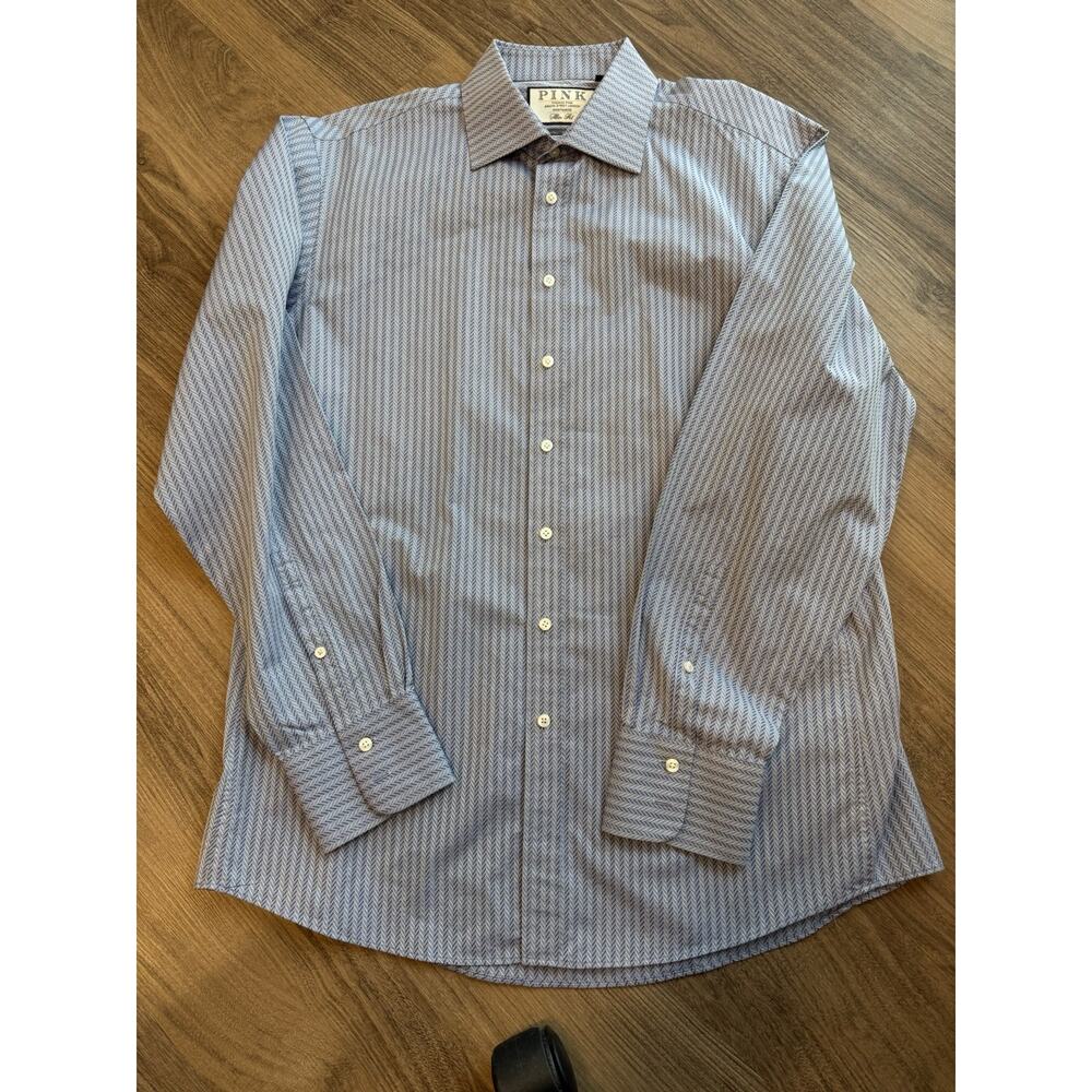 Thomas Pink London Designer Slim Fit Blue Chevron Dress Shirt SZ 16.5/42CM 22PTP